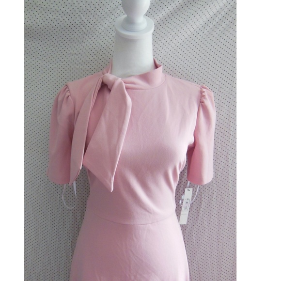 NEW MAGGY LONDON Shell PINK Short Sleeve NECKTIE Fit & Flare MIDI DRESS 2 (fit 4 - Picture 4 of 8